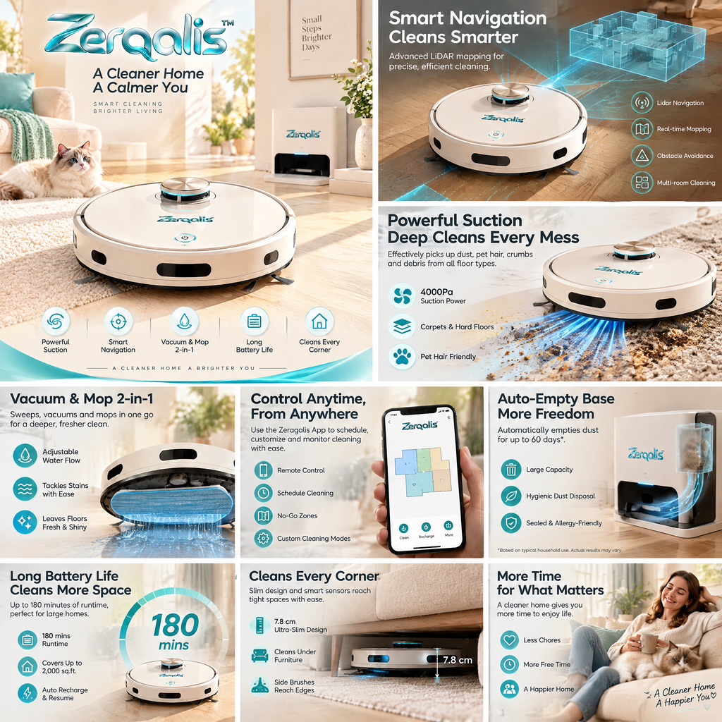 Zerqalis™ Smart Robot Vacuum & Mop with Docking Station — cleaning features