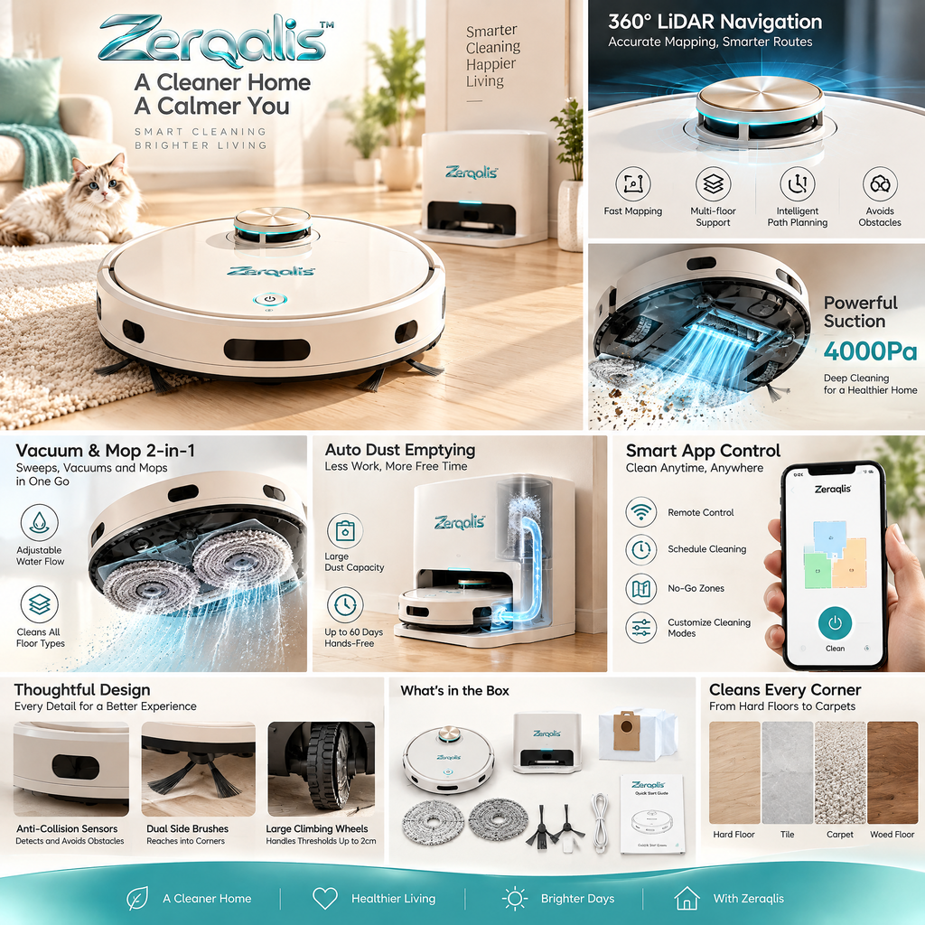 Zerqalis™ Smart Robot Vacuum & Mop with Docking Station — product details