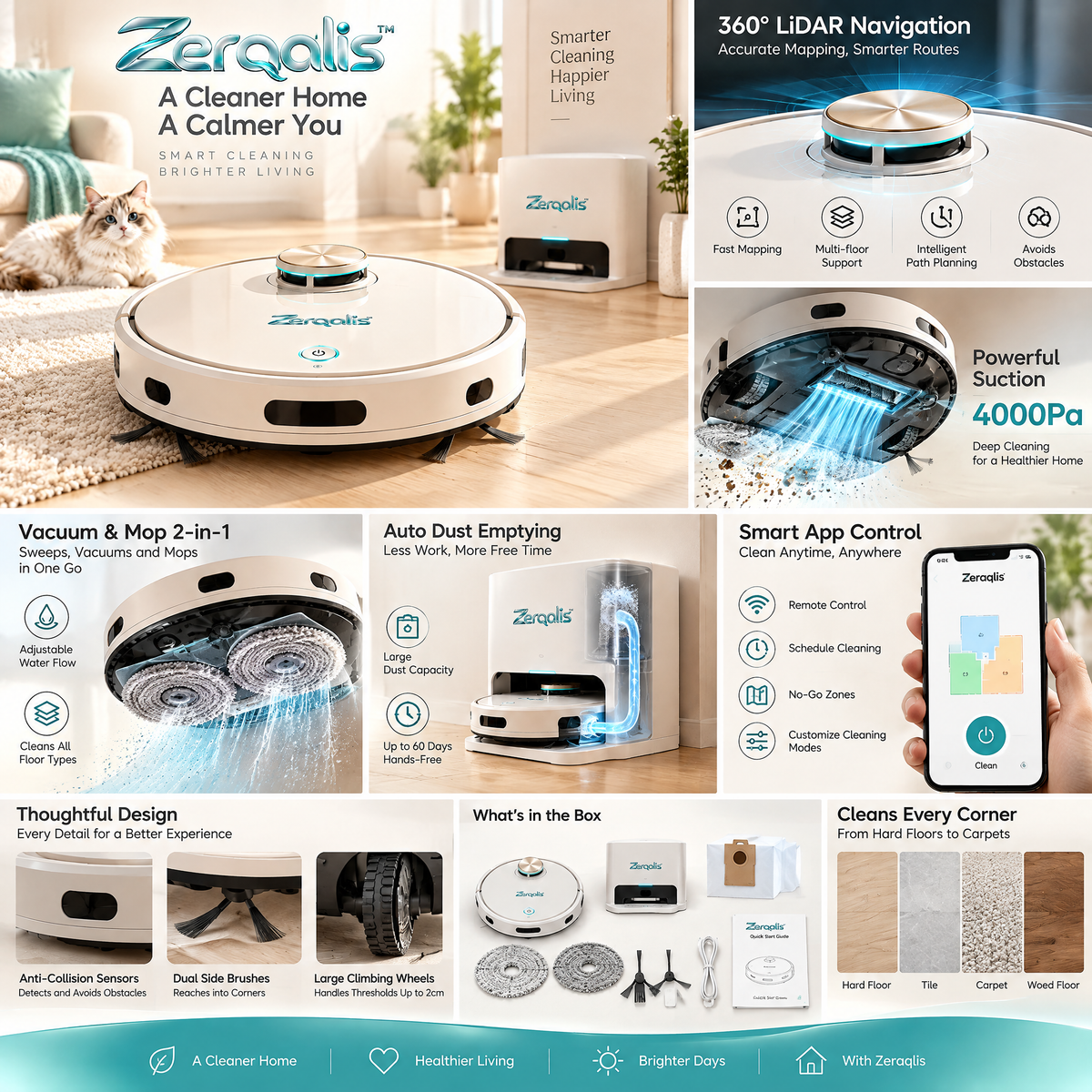 Zerqalis™ Smart Robot Vacuum & Mop with Docking Station — product details