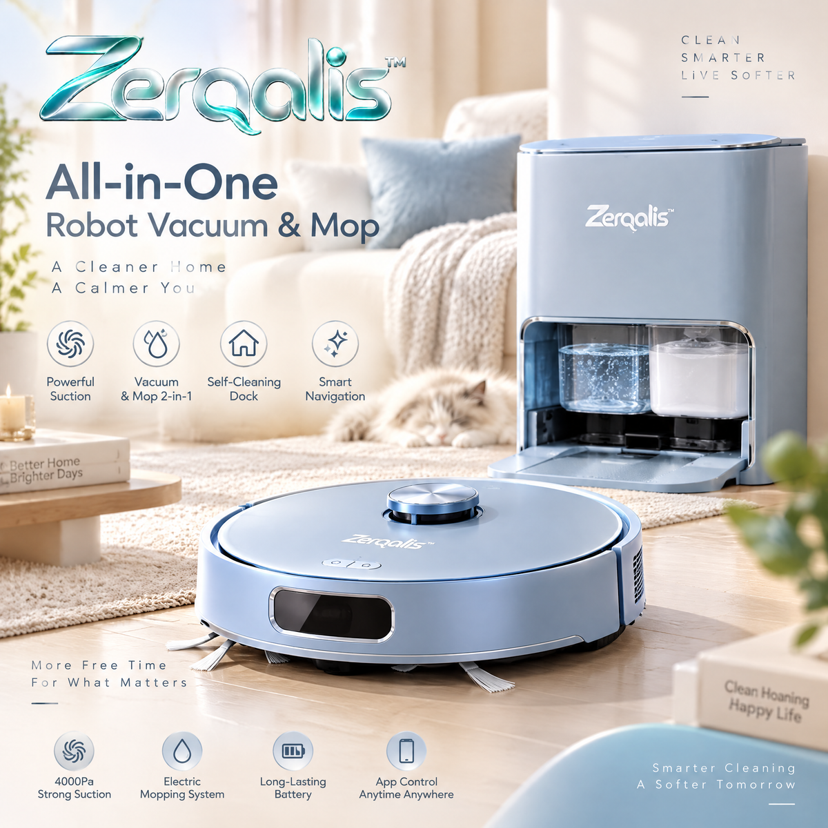 Zerqalis™ All-in-One Robot Vacuum and Mop with Self-Cleaning Dock — main design