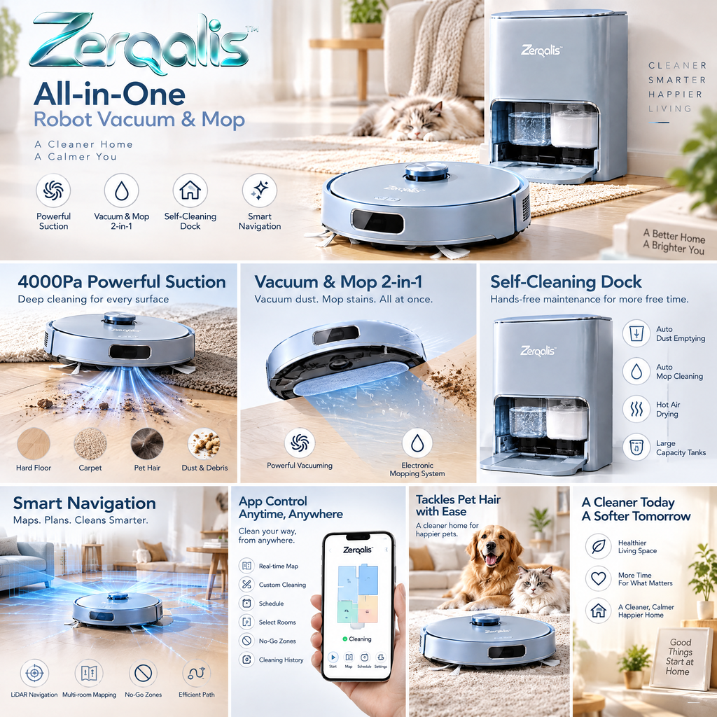 Zerqalis™ All-in-One Robot Vacuum and Mop with Self-Cleaning Dock — cleaning features