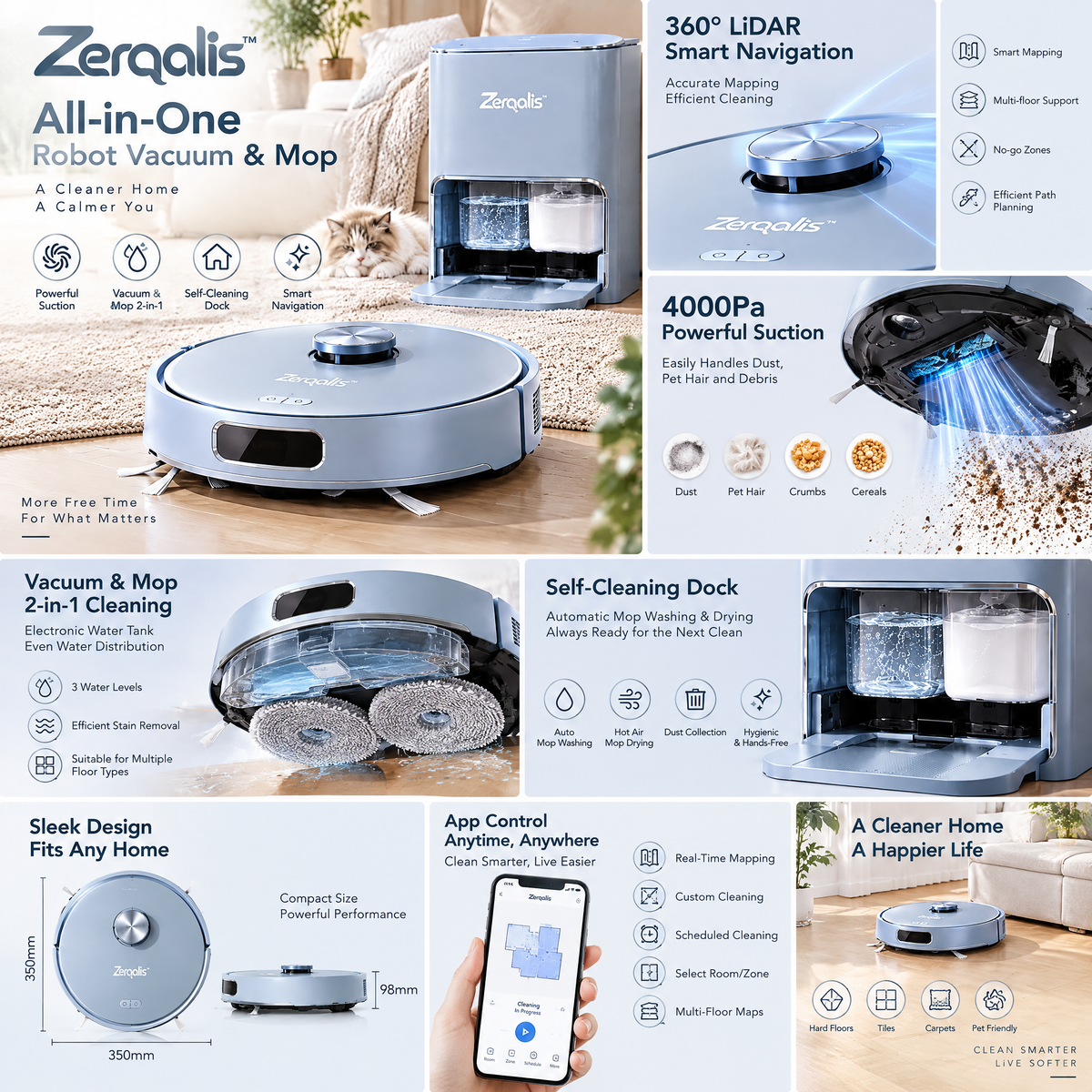 Zerqalis™ All-in-One Robot Vacuum and Mop with Self-Cleaning Dock — product details