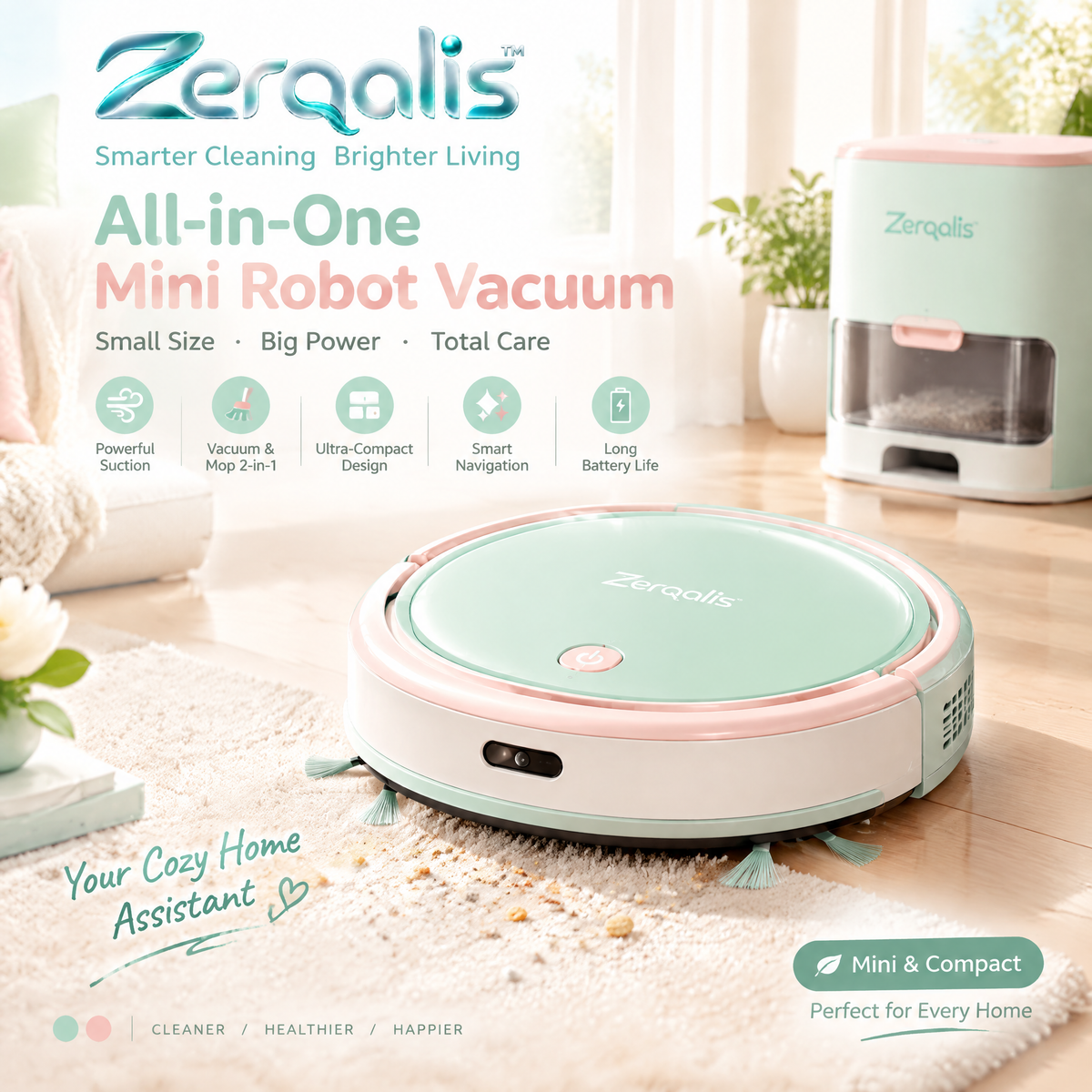 Zerqalis™ Mint & Blush Mini Robot Vacuum