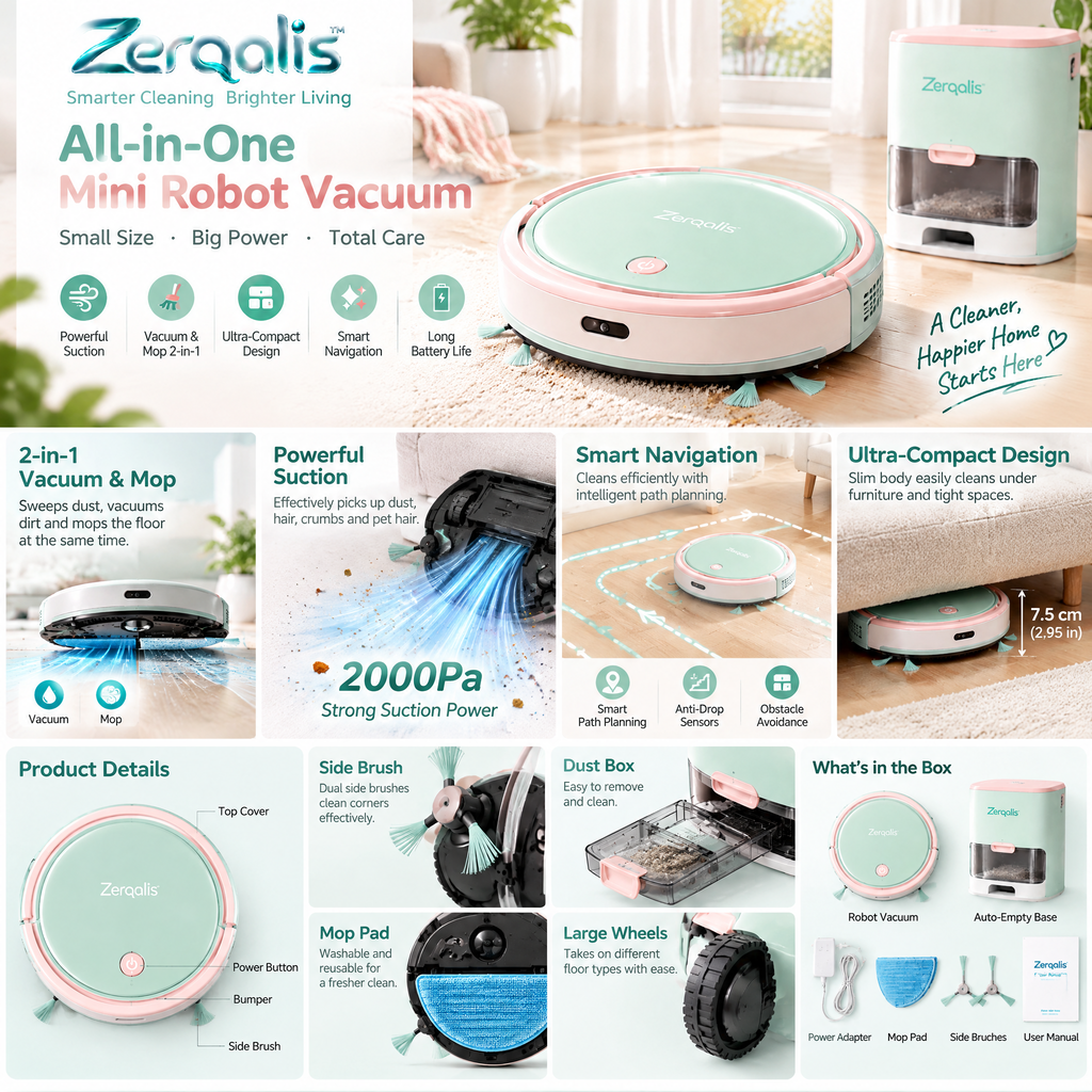 Zerqalis™ Mint & Blush Mini Robot Vacuum — cleaning features