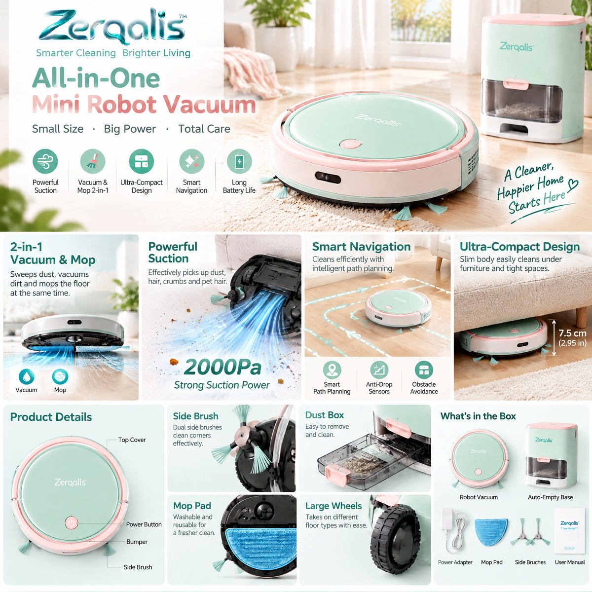 Zerqalis™ Mint & Blush Mini Robot Vacuum — cleaning features
