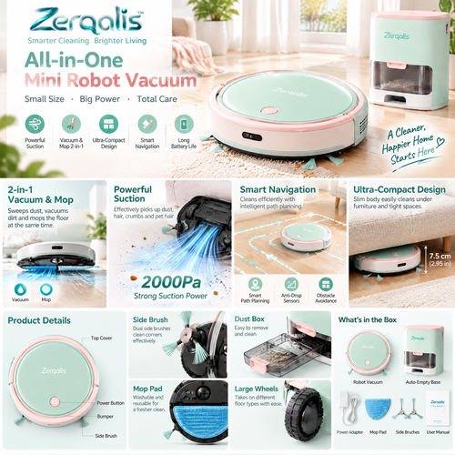 Zerqalis™ Mint & Blush Mini Robot Vacuum — cleaning features