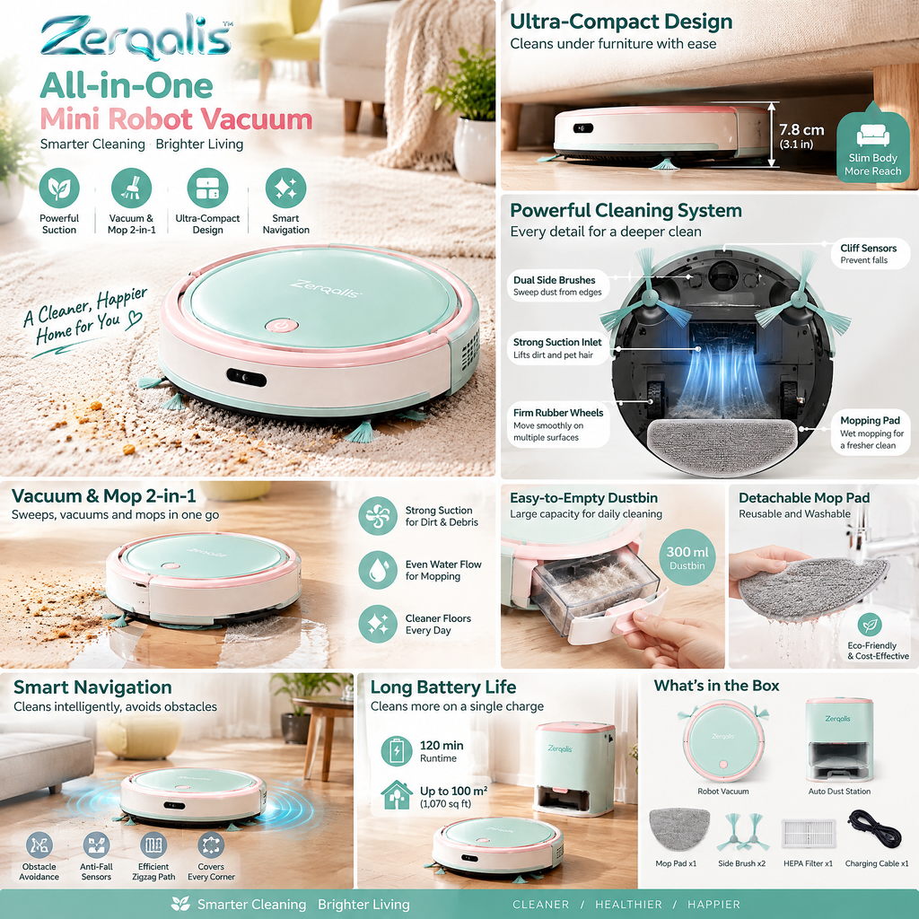 Zerqalis™ Mint & Blush Mini Robot Vacuum — product details