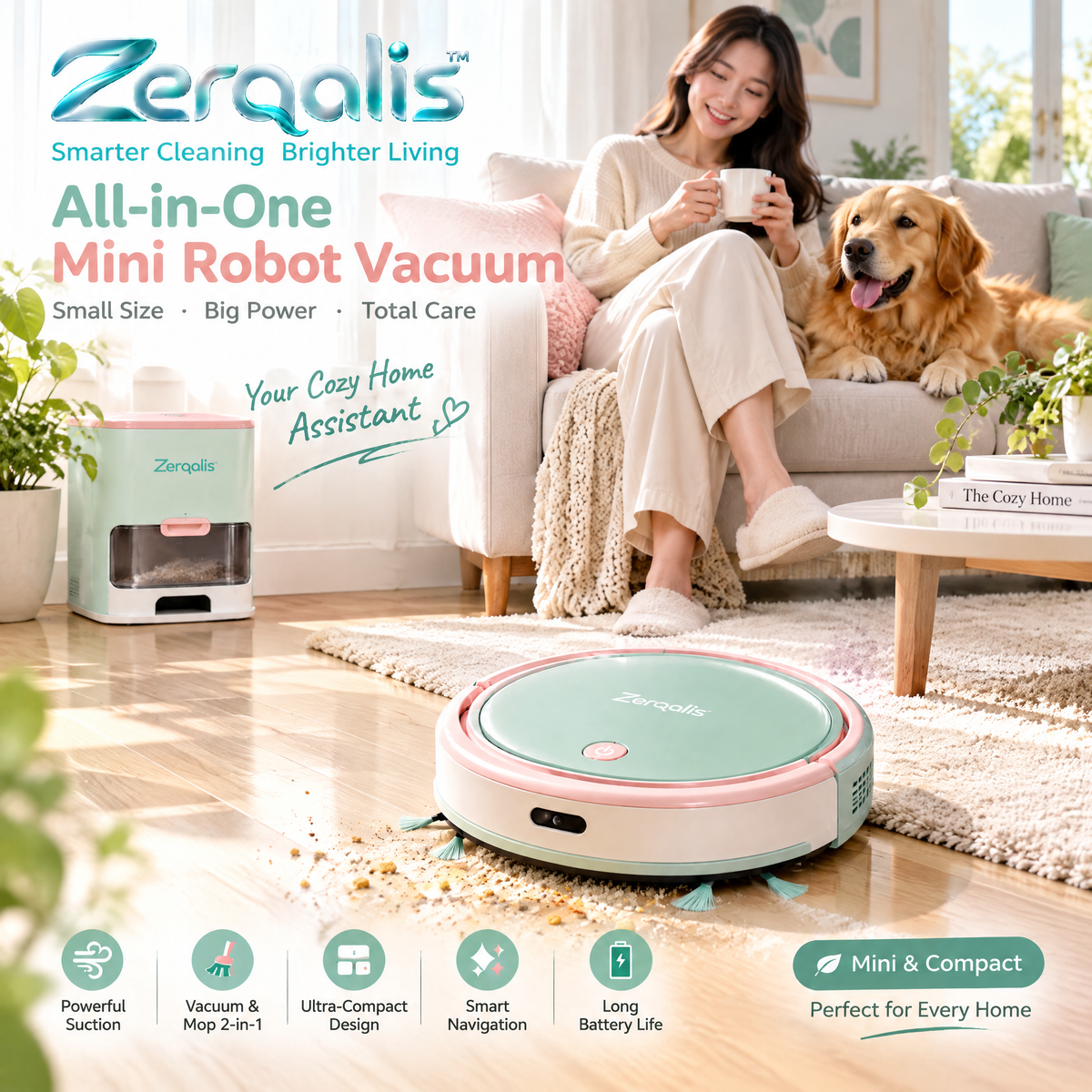 Zerqalis™ Mint & Blush Mini Robot Vacuum — home styling