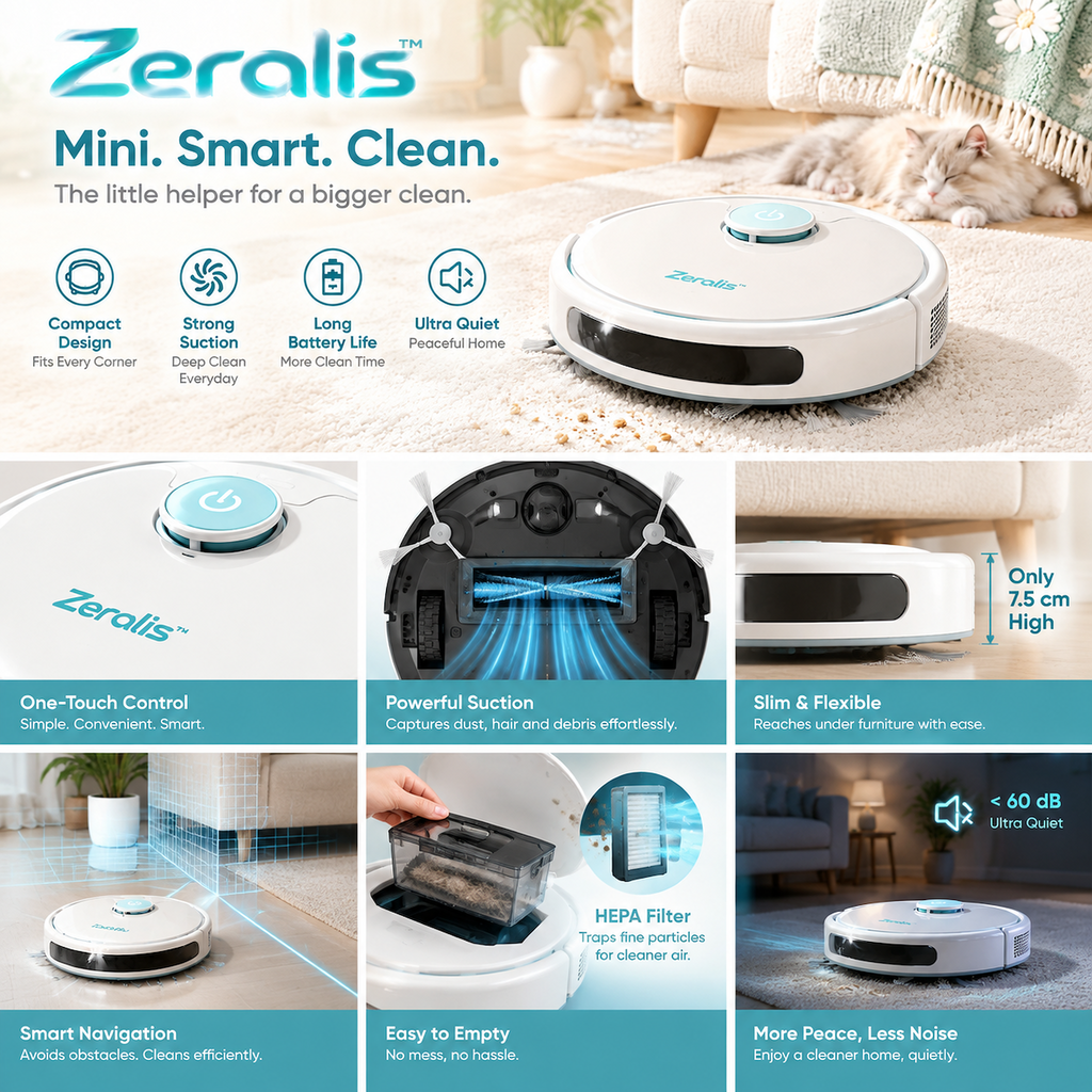 Zerqalis™ Compact Quiet Robot Vacuum — cleaning features