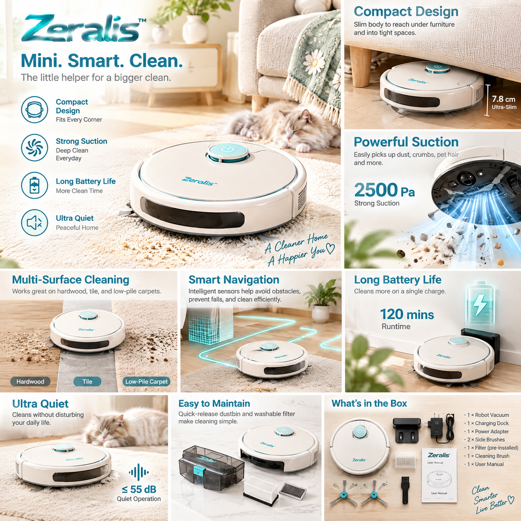 Zerqalis™ Compact Quiet Robot Vacuum — product details