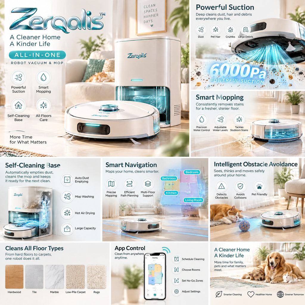 Zerqalis™ All-in-One Vacuum and Mop with Self-Cleaning Base — cleaning features