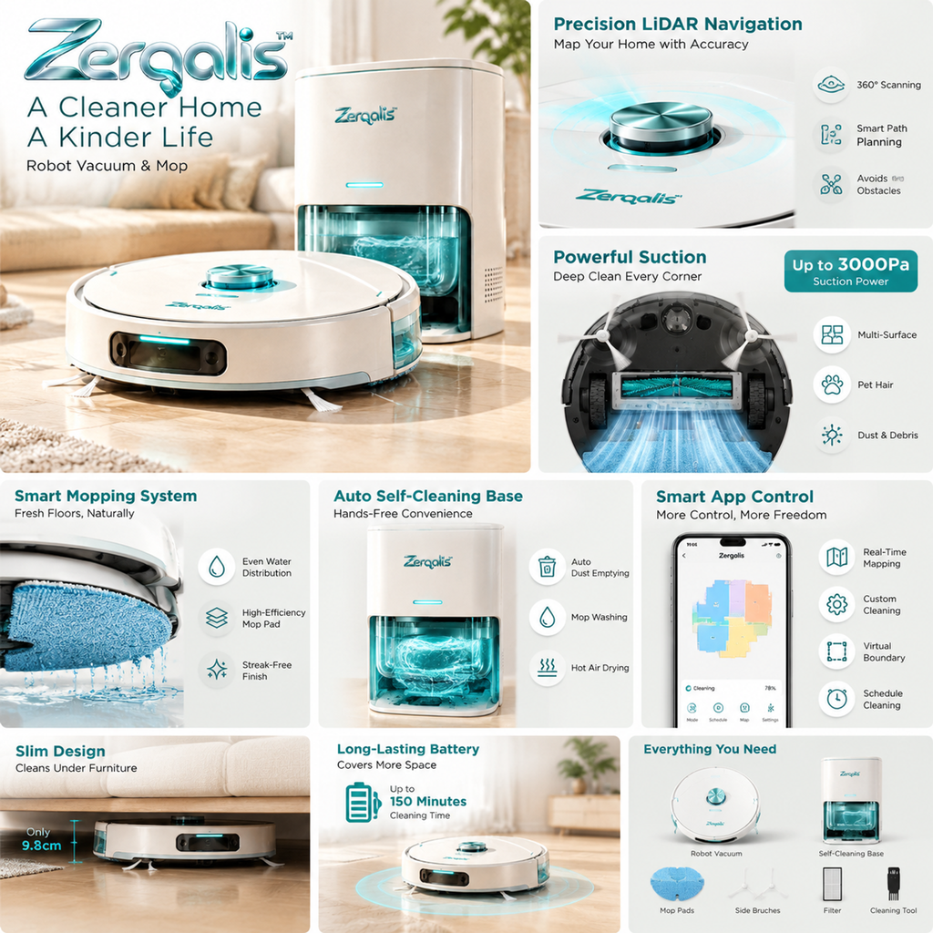 Zerqalis™ All-in-One Vacuum and Mop with Self-Cleaning Base — product details