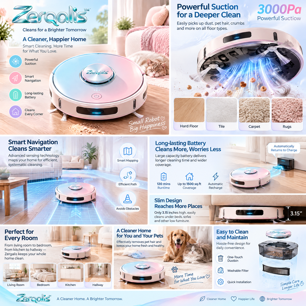Zerqalis™ Pastel Duo Smart Robot Vacuum — cleaning features