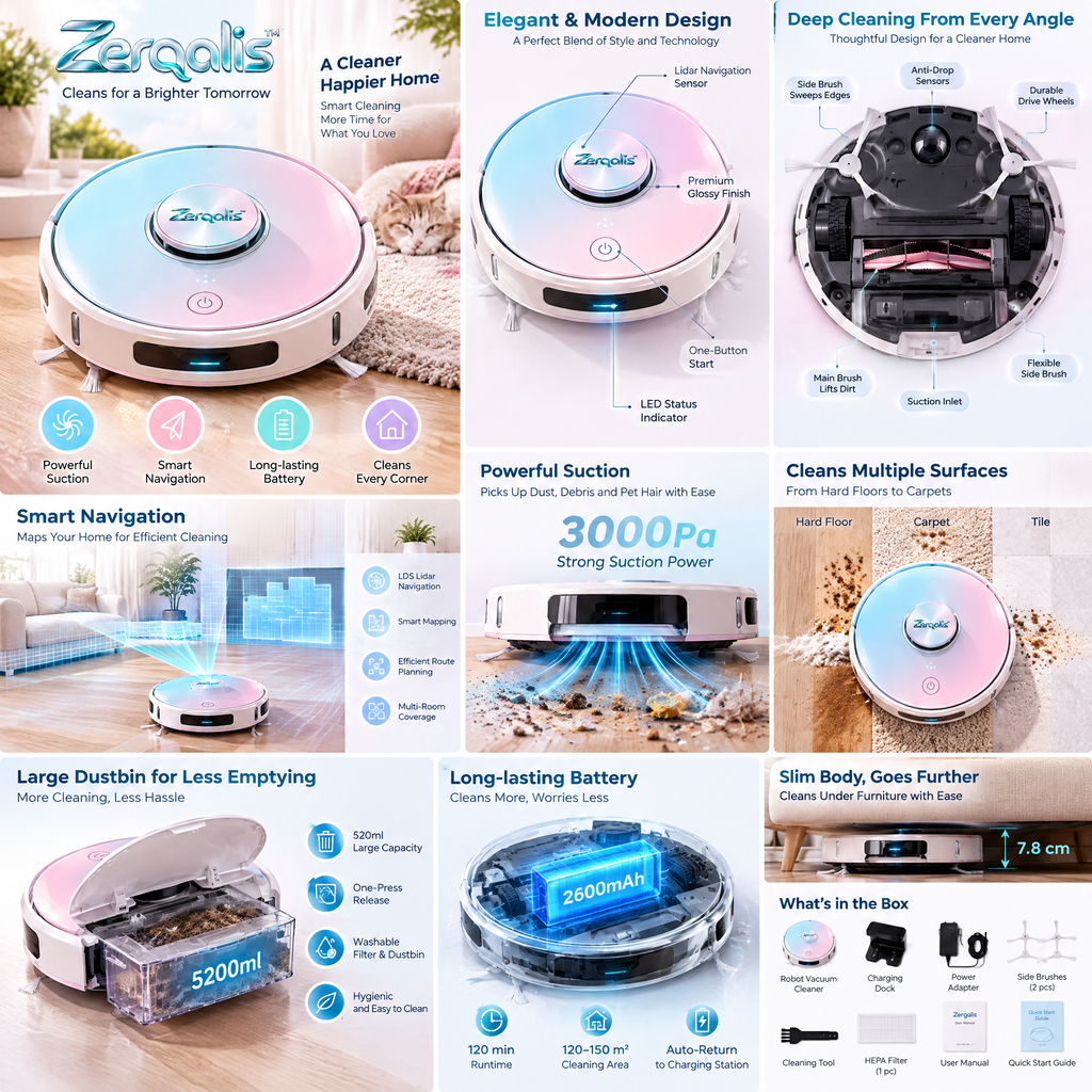 Zerqalis™ Pastel Duo Smart Robot Vacuum — product details