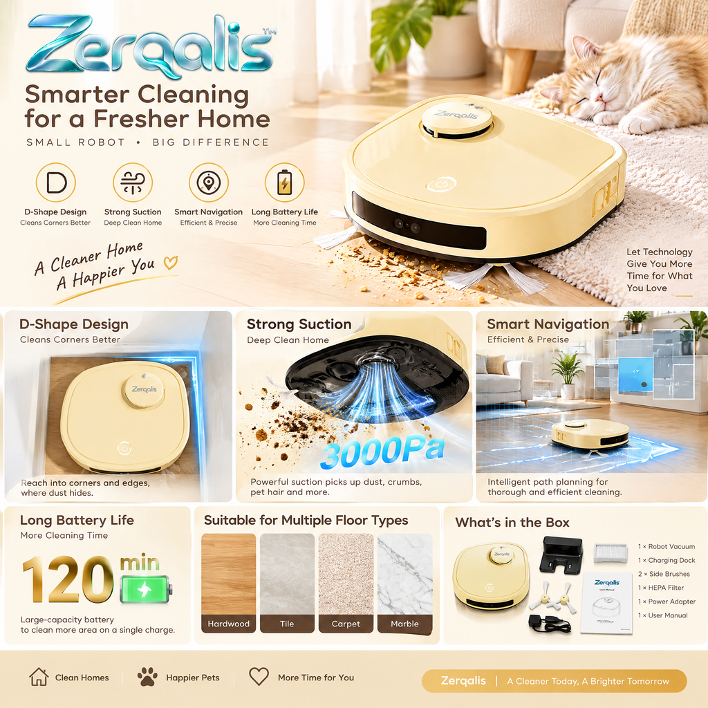 Zerqalis™ D-Shape Corner-Cleaning Robot Vacuum — cleaning features