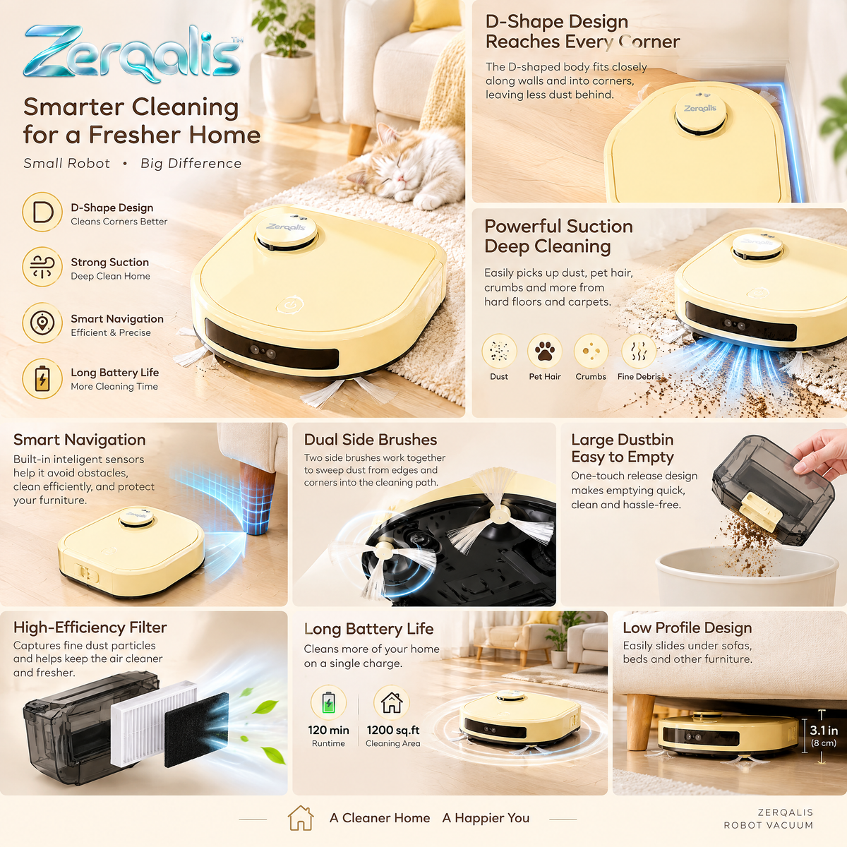Zerqalis™ D-Shape Corner-Cleaning Robot Vacuum — product details