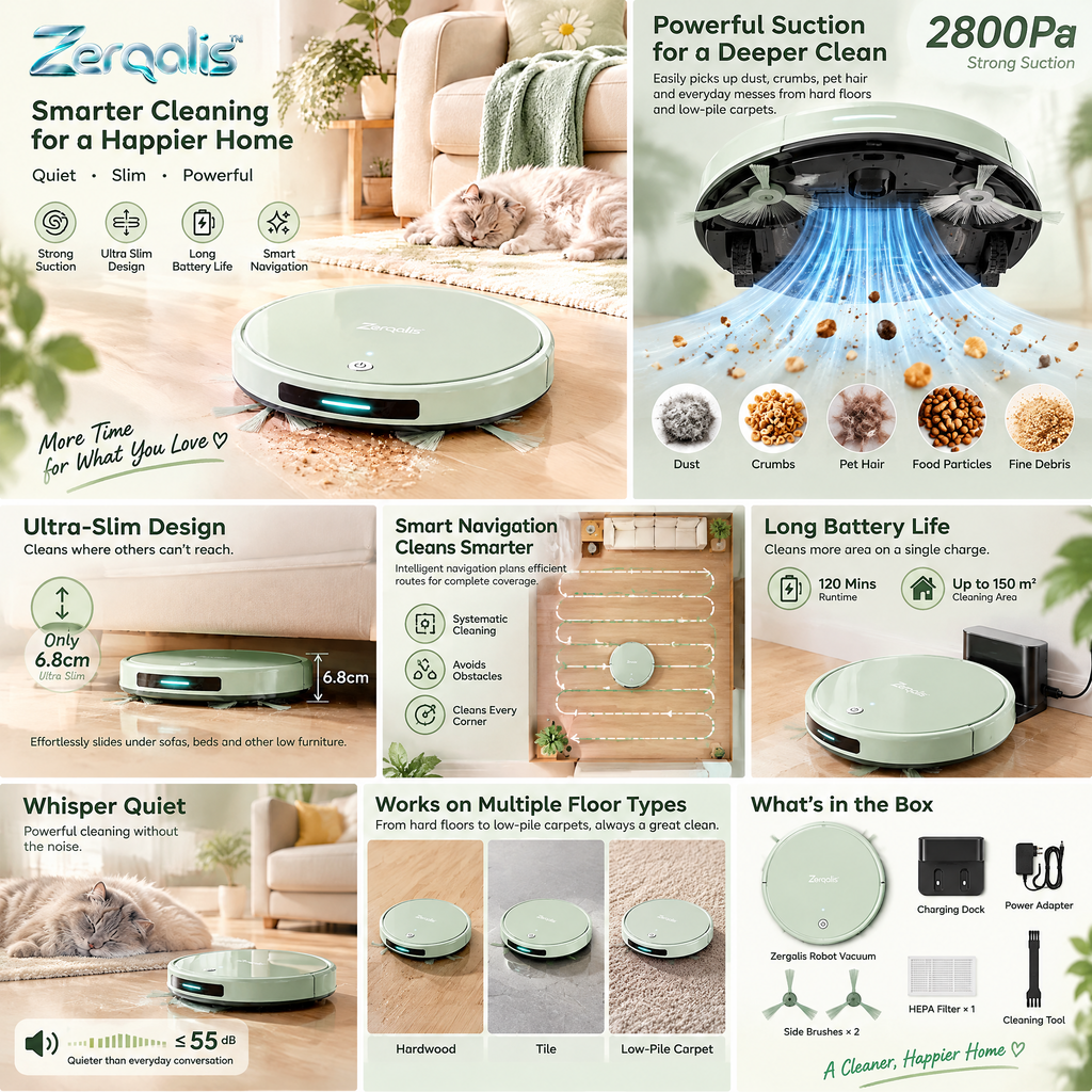 Zerqalis™ 6.8 cm Ultra-Slim Robot Vacuum — cleaning features