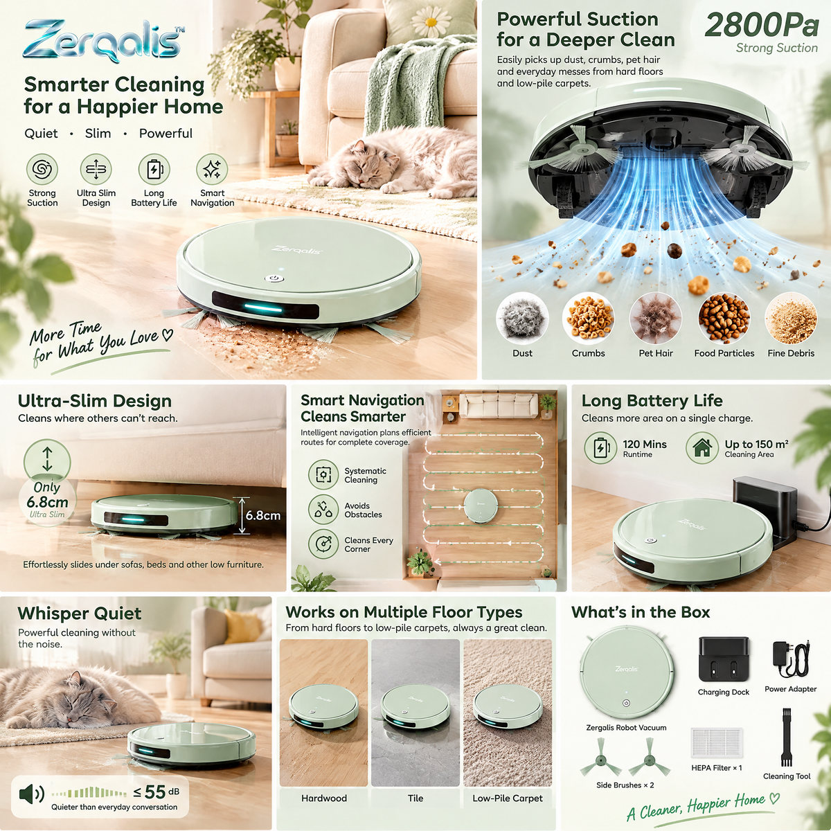 Zerqalis™ 6.8 cm Ultra-Slim Robot Vacuum — cleaning features