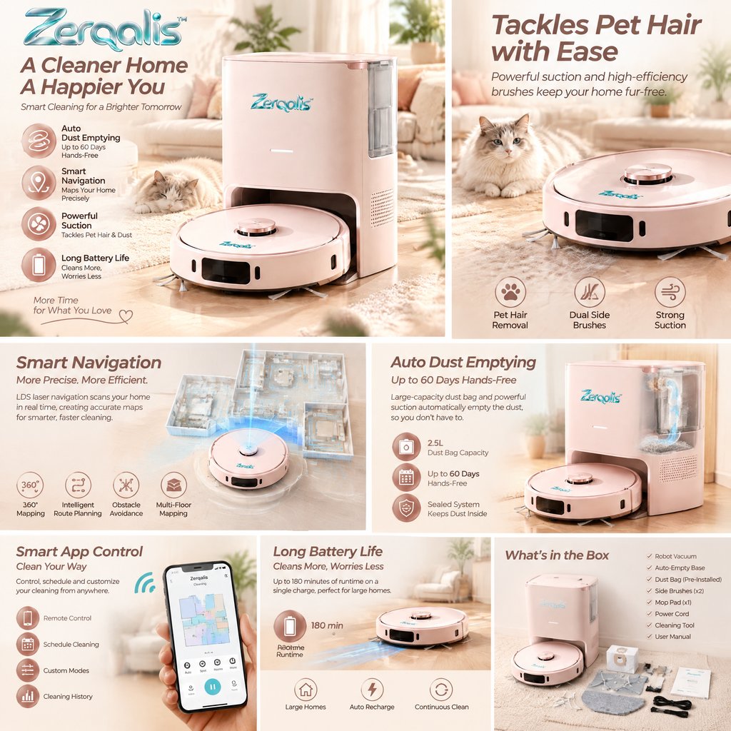 Zerqalis™ Blush Self-Emptying Robot Vacuum — cleaning features
