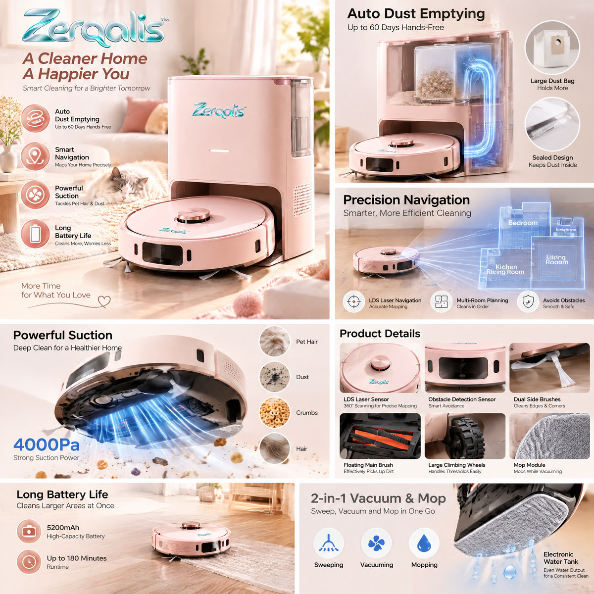 Zerqalis™ Blush Self-Emptying Robot Vacuum — product details